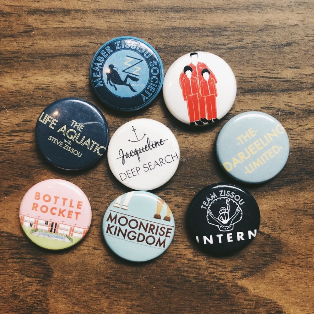 Set of EIGHT (8) Wes Anderson pin back buttons lot